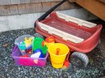 Wagon with beach toys for guest use.
